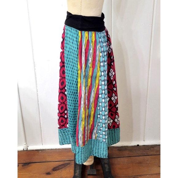 Fire Los Angeles Boho Multicolored Cotton Printed Patchwork Maxi Skirt - Picture 3 of 6
